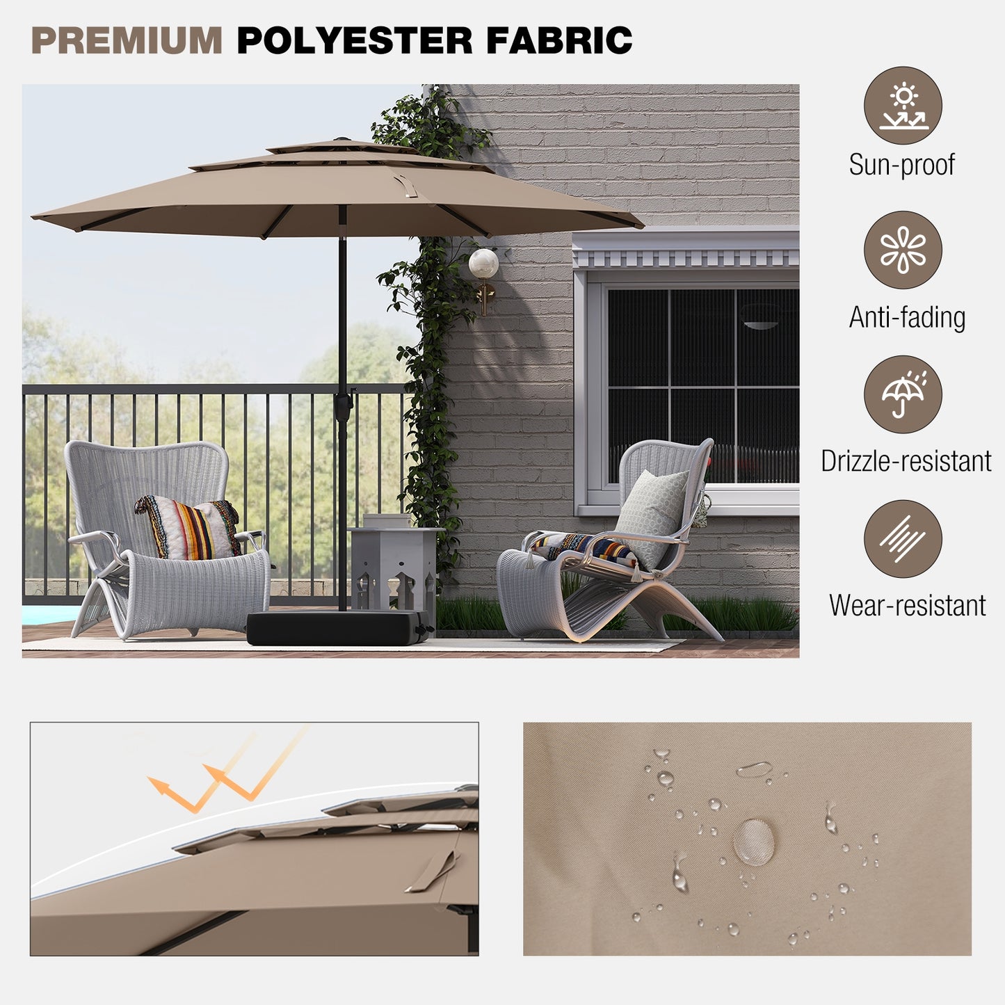 10 ft 3-tier Vented Patio Umbrella with Push Button Tilt, Brown Outdoor Umbrellas at Gallery Canada