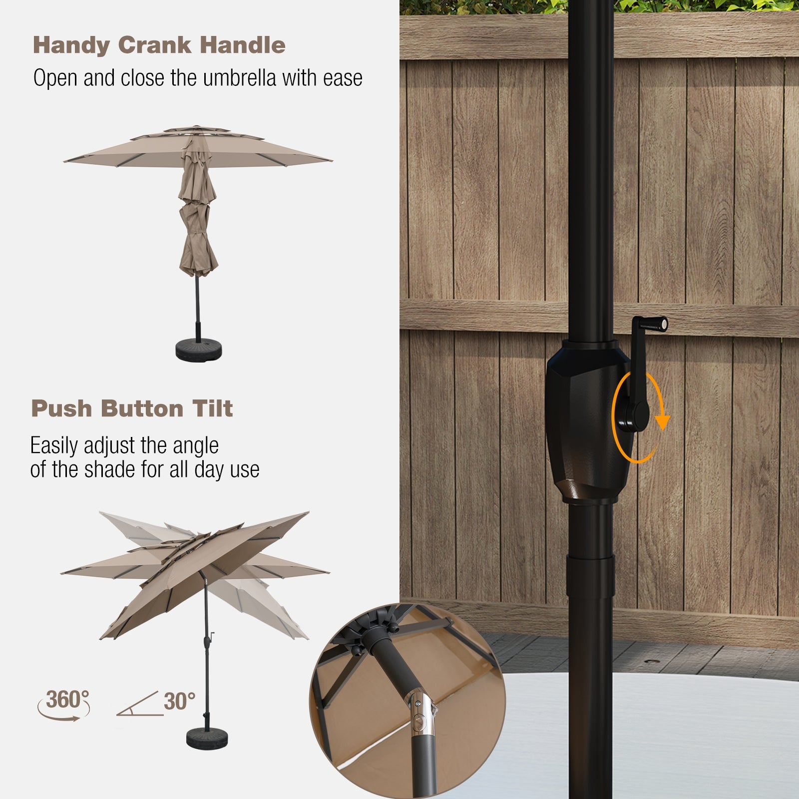 10 ft 3-tier Vented Patio Umbrella with Push Button Tilt, Brown Outdoor Umbrellas at Gallery Canada