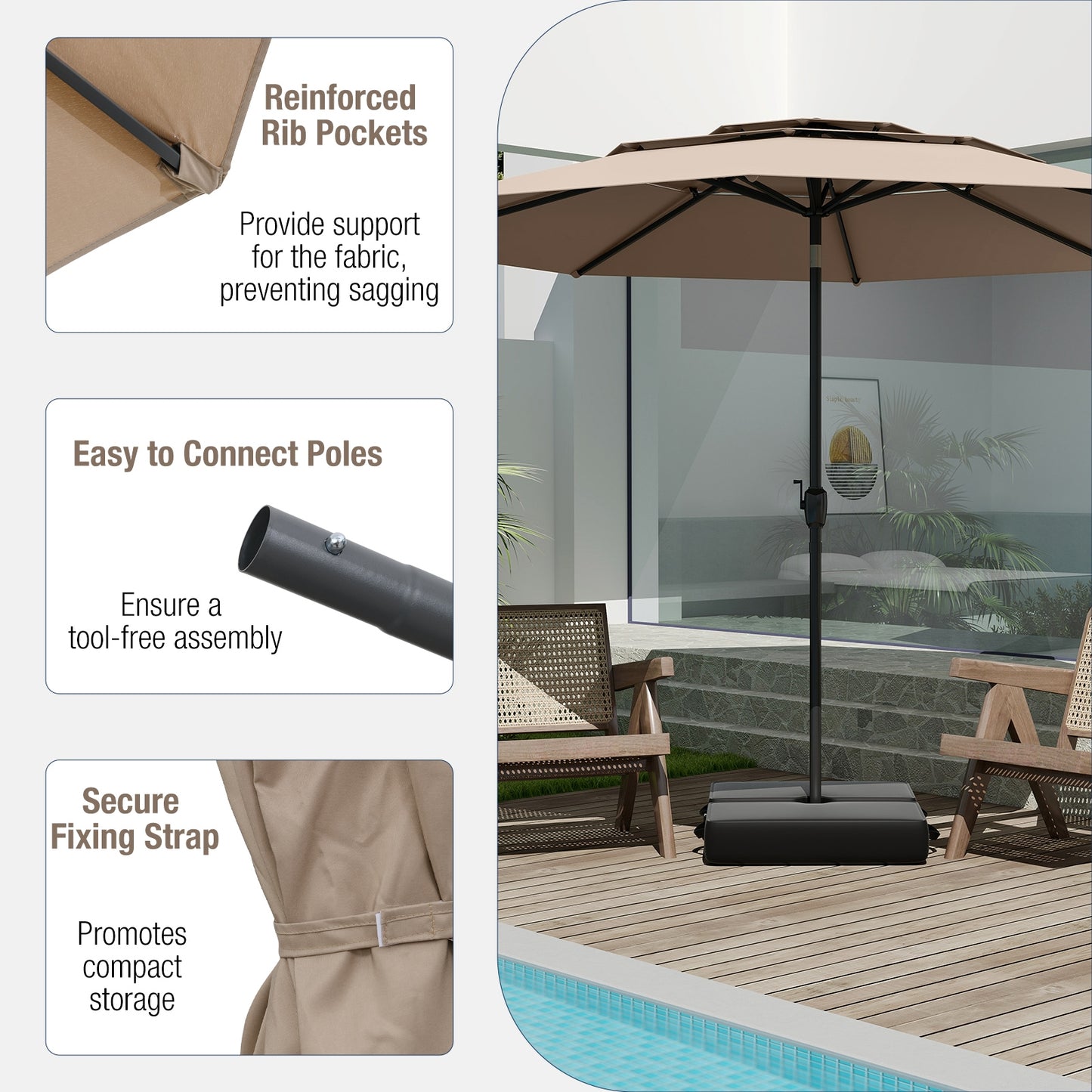 10 ft 3-tier Vented Patio Umbrella with Push Button Tilt, Brown Outdoor Umbrellas at Gallery Canada