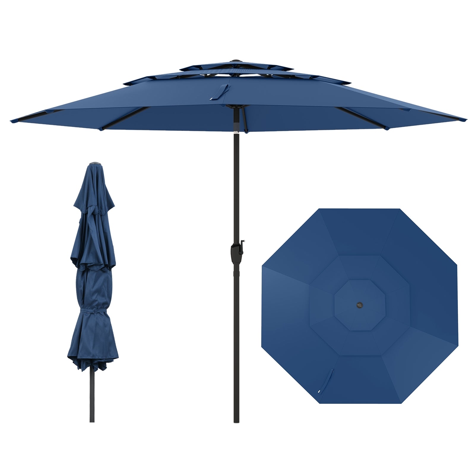 10 ft 3-Tier Vented Patio Umbrella, Push Button Tilt, Navy Outdoor Umbrellas at Gallery Canada