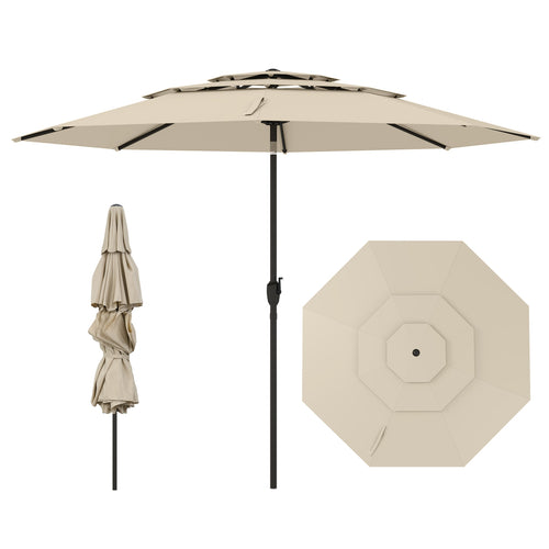 10 ft 3-Tier Vented Patio Umbrella, Push Button Tilt, Beige