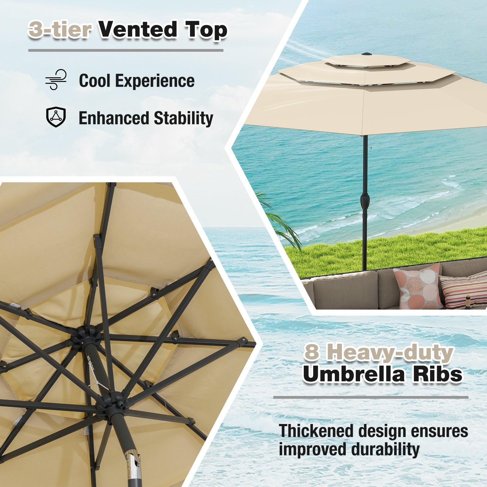 10 ft 3-tier Vented Patio Umbrella with Push Button Tilt, Beige Outdoor Umbrellas at Gallery Canada