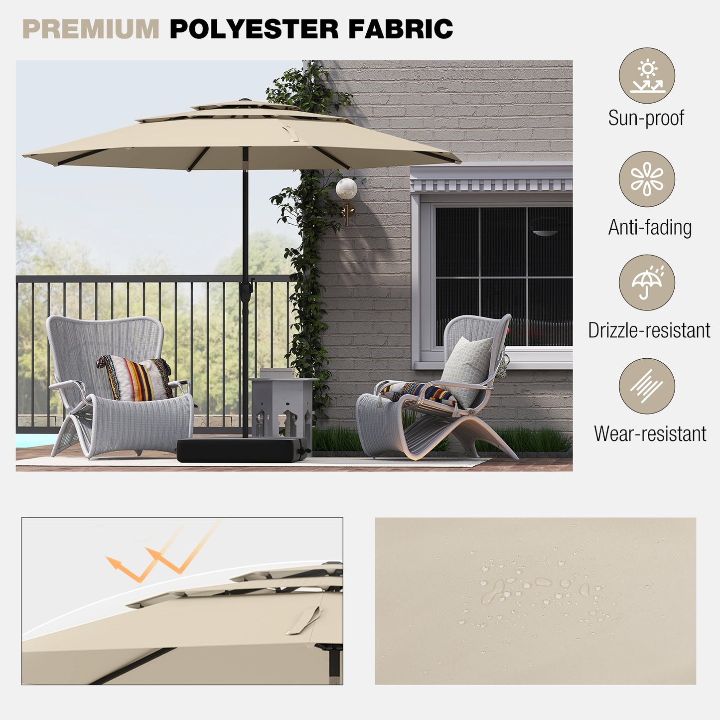 10 ft 3-tier Vented Patio Umbrella with Push Button Tilt, Beige Outdoor Umbrellas at Gallery Canada