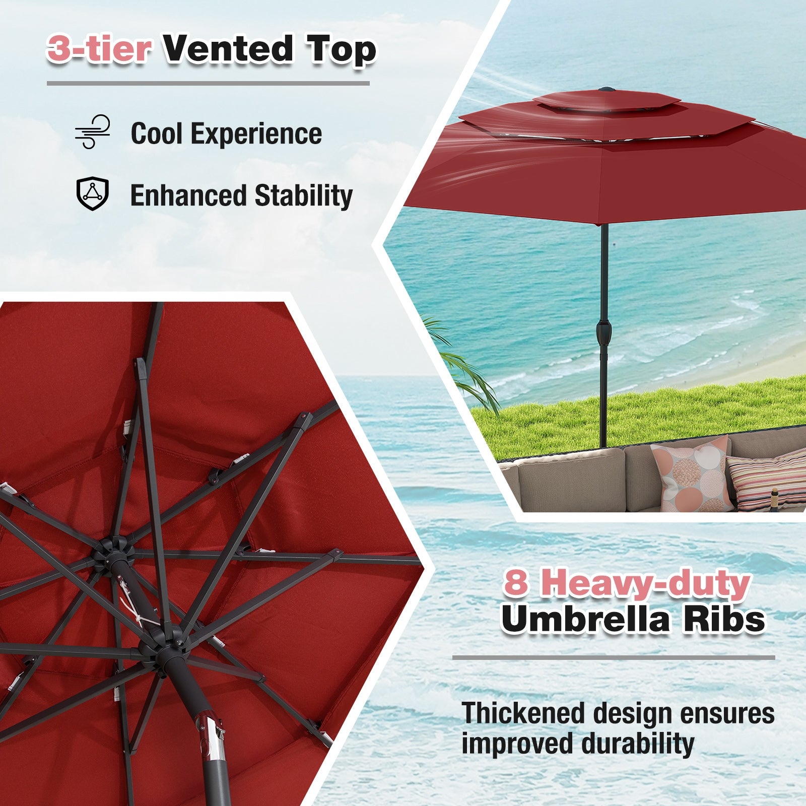 10 ft 3-tier Vented Patio Umbrella with Push Button Tilt, Red Outdoor Umbrellas at Gallery Canada