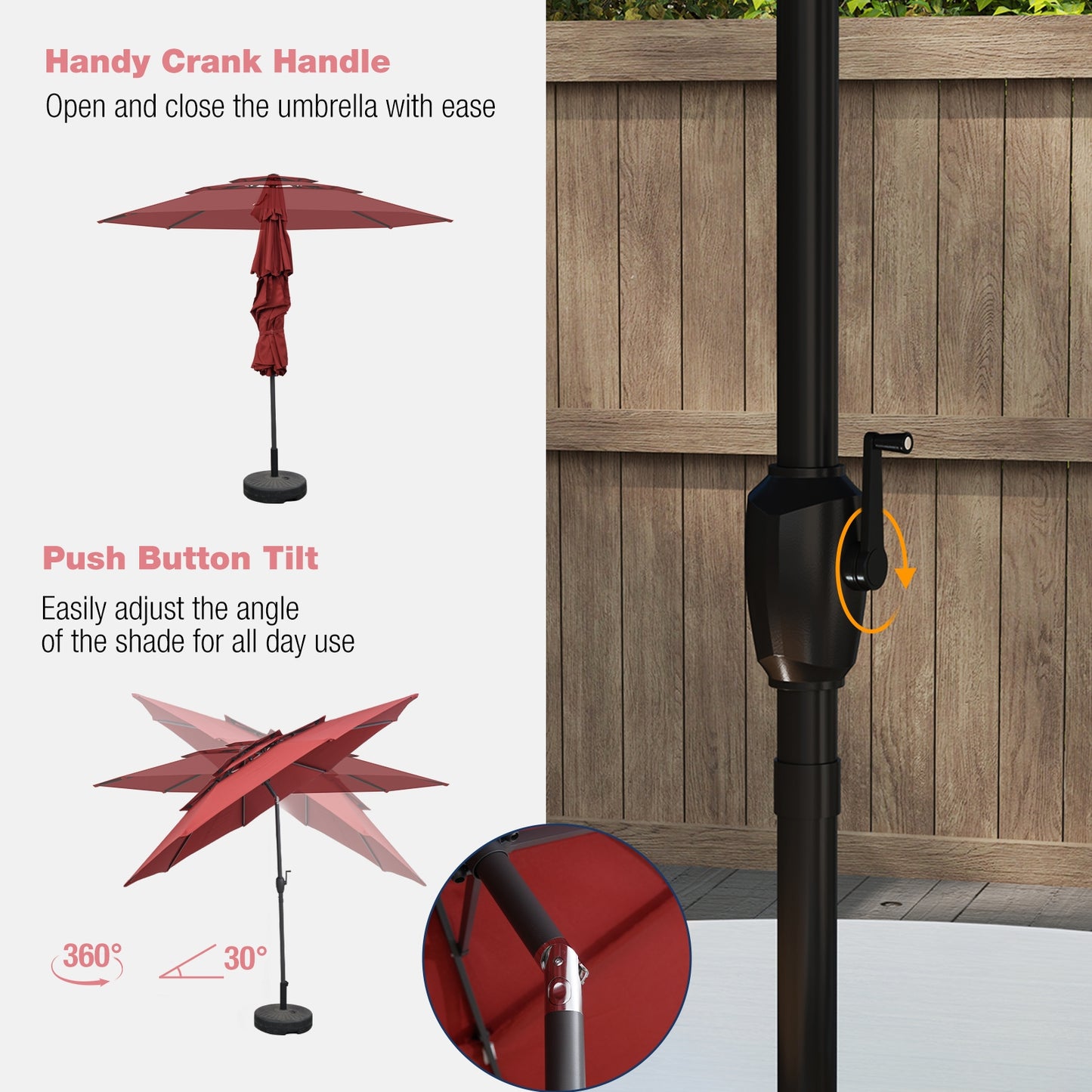 10 ft 3-tier Vented Patio Umbrella with Push Button Tilt, Red Outdoor Umbrellas at Gallery Canada