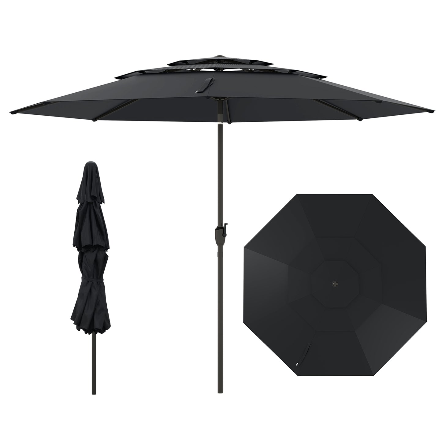 10 ft 3-tier Vented Patio Umbrella with Push Button Tilt, Black Outdoor Umbrellas Black at Gallery Canada