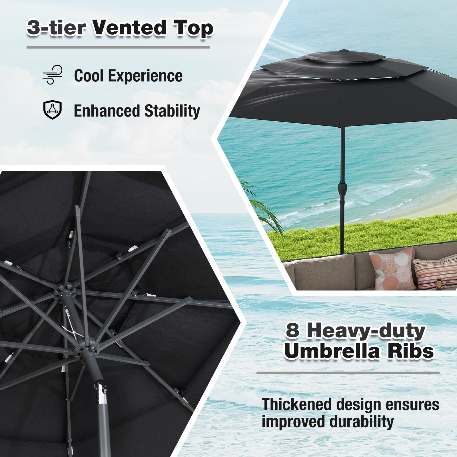 10 ft 3-tier Vented Patio Umbrella with Push Button Tilt, Black Outdoor Umbrellas at Gallery Canada