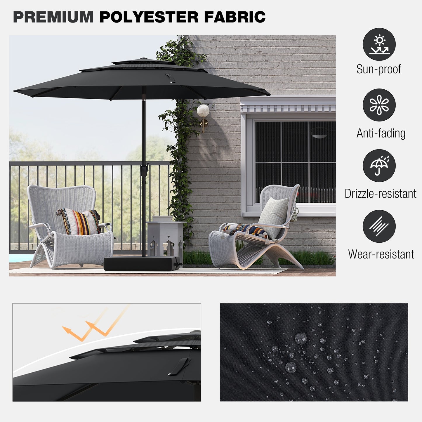 10 ft 3-tier Vented Patio Umbrella with Push Button Tilt, Black Outdoor Umbrellas at Gallery Canada