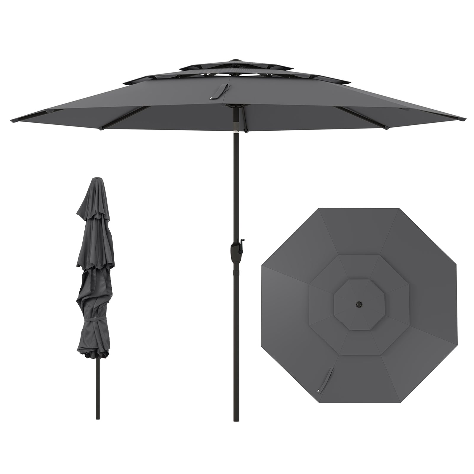 10 ft 3-tier Vented Patio Umbrella with Push Button Tilt, Gray Outdoor Umbrellas at Gallery Canada