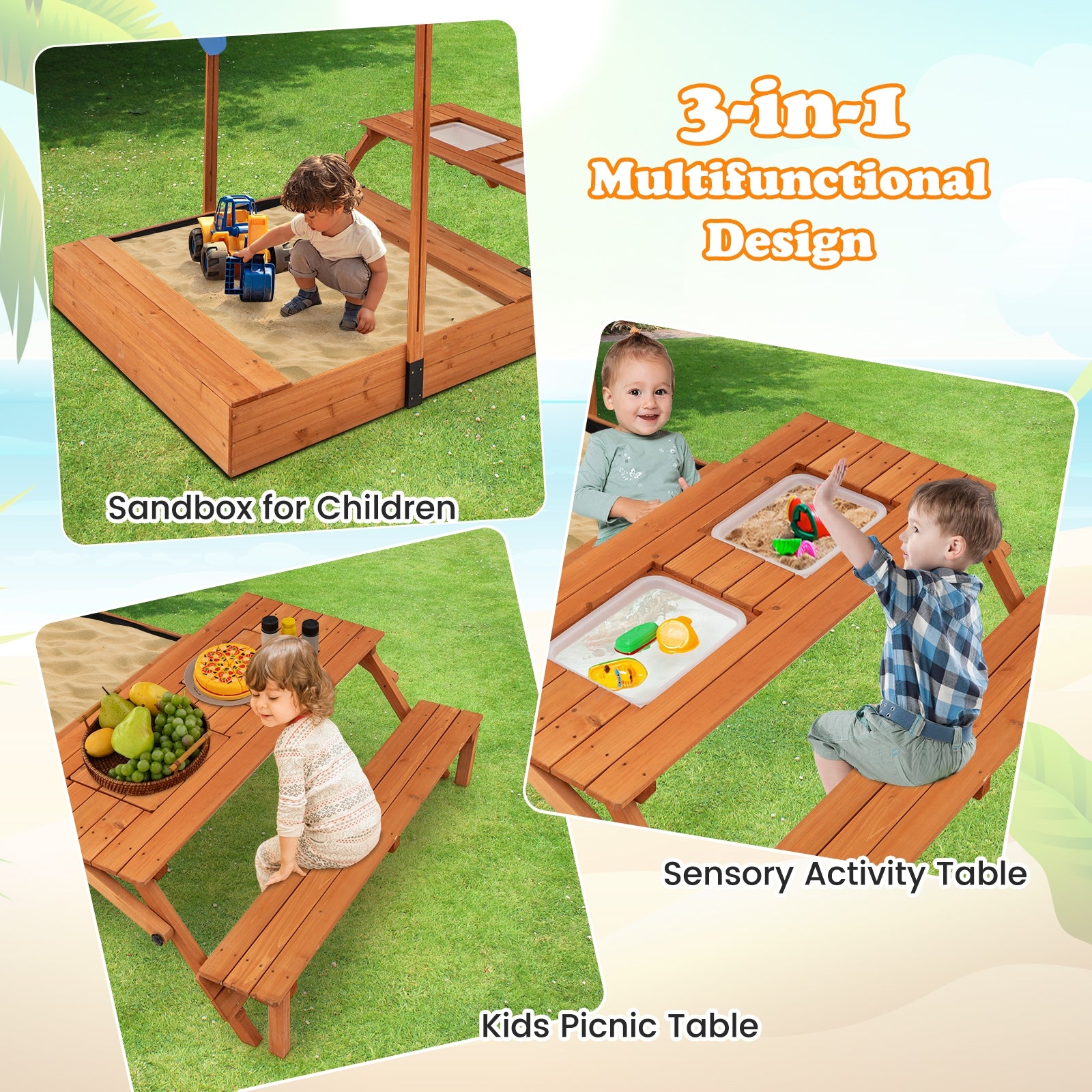 Kids Wooden Sand Box with Foldable Picnic Sensory Table and Bench, Natural Sandboxes at Gallery Canada