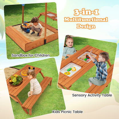 Kids Wooden Sand Box with Foldable Picnic Sensory Table and Bench, Natural Sandboxes at Gallery Canada