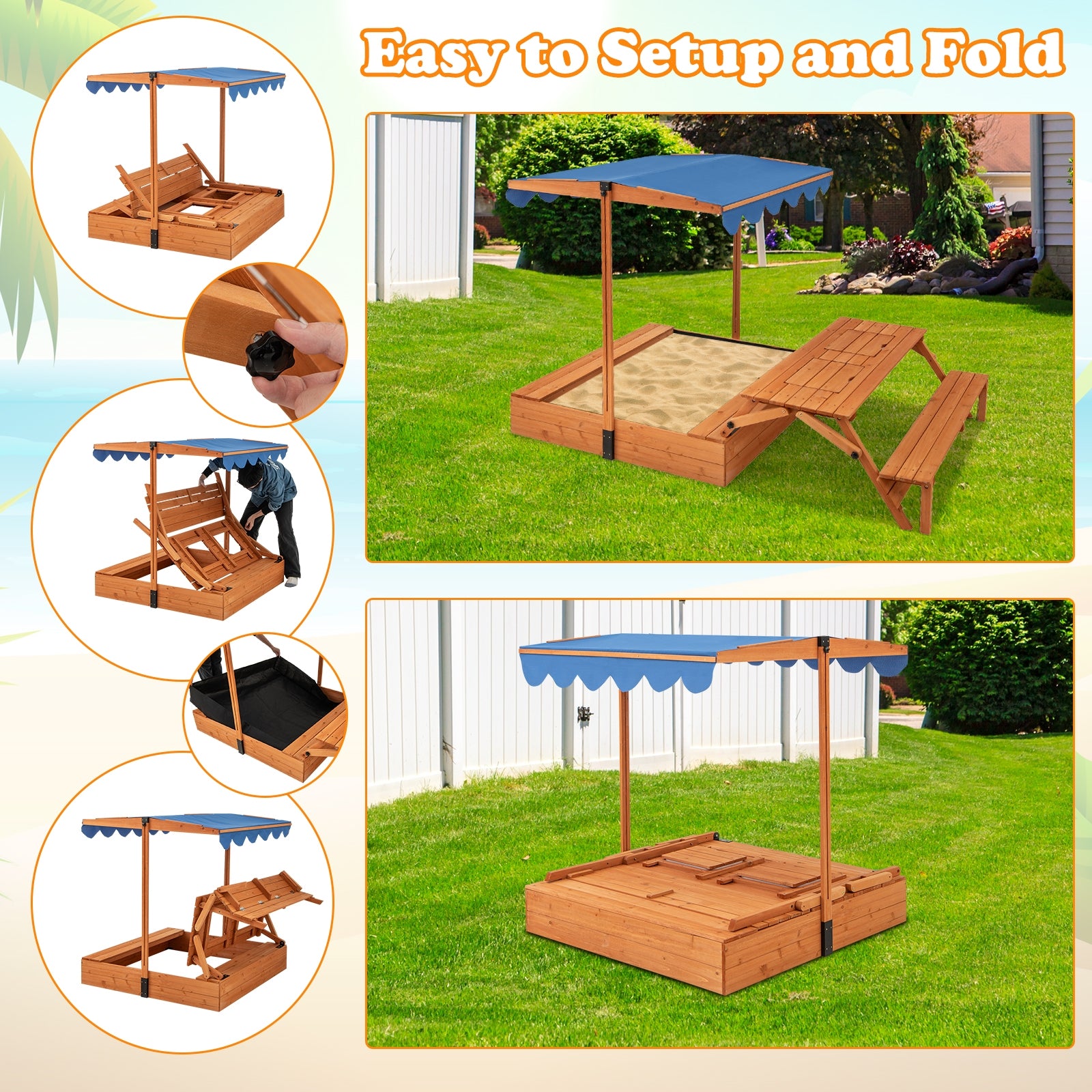 Kids Wooden Sand Box with Foldable Picnic Sensory Table and Bench, Natural Sandboxes at Gallery Canada