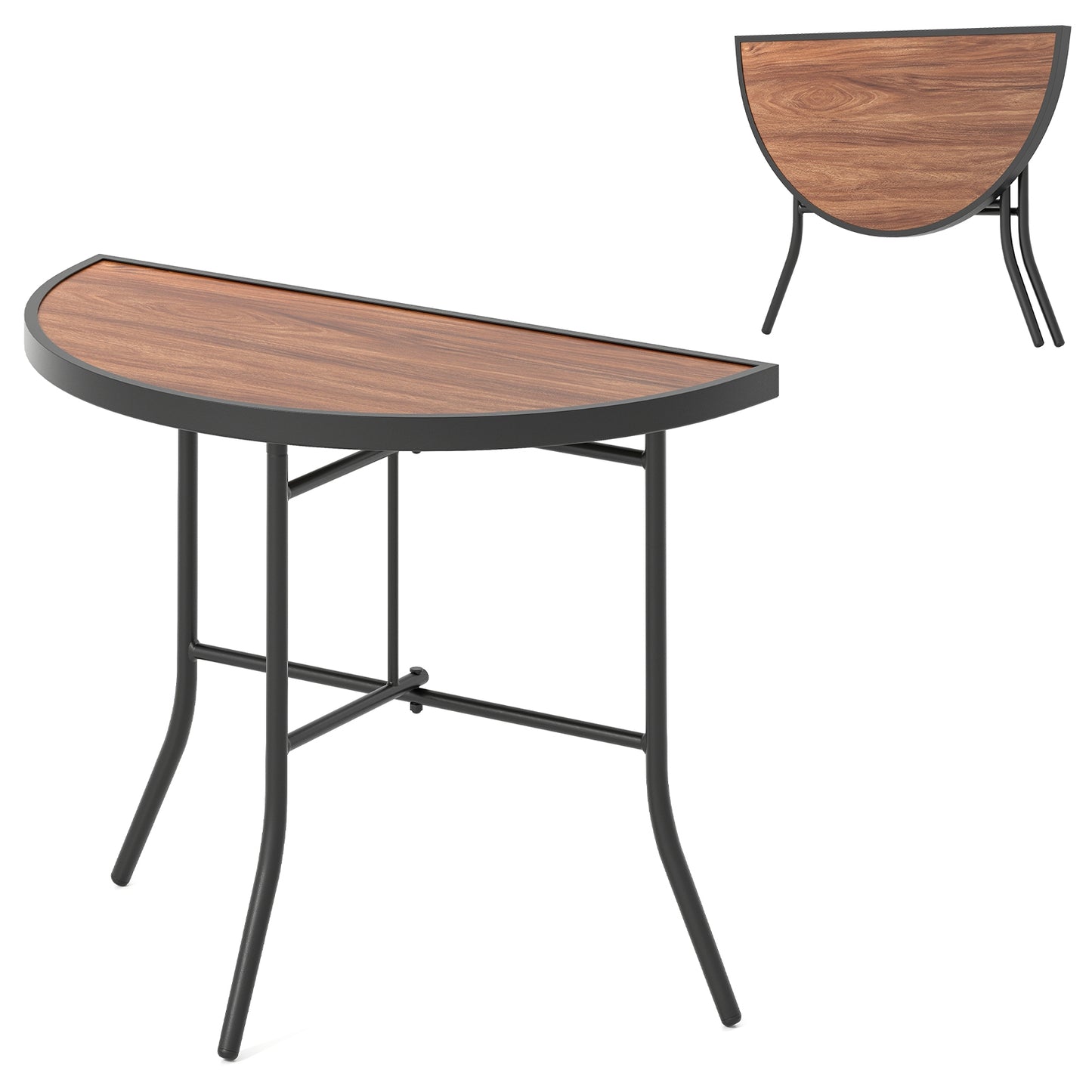 Half-Round Folding Event Table with Metal Frame, Brown Patio Dining Tables at Gallery Canada