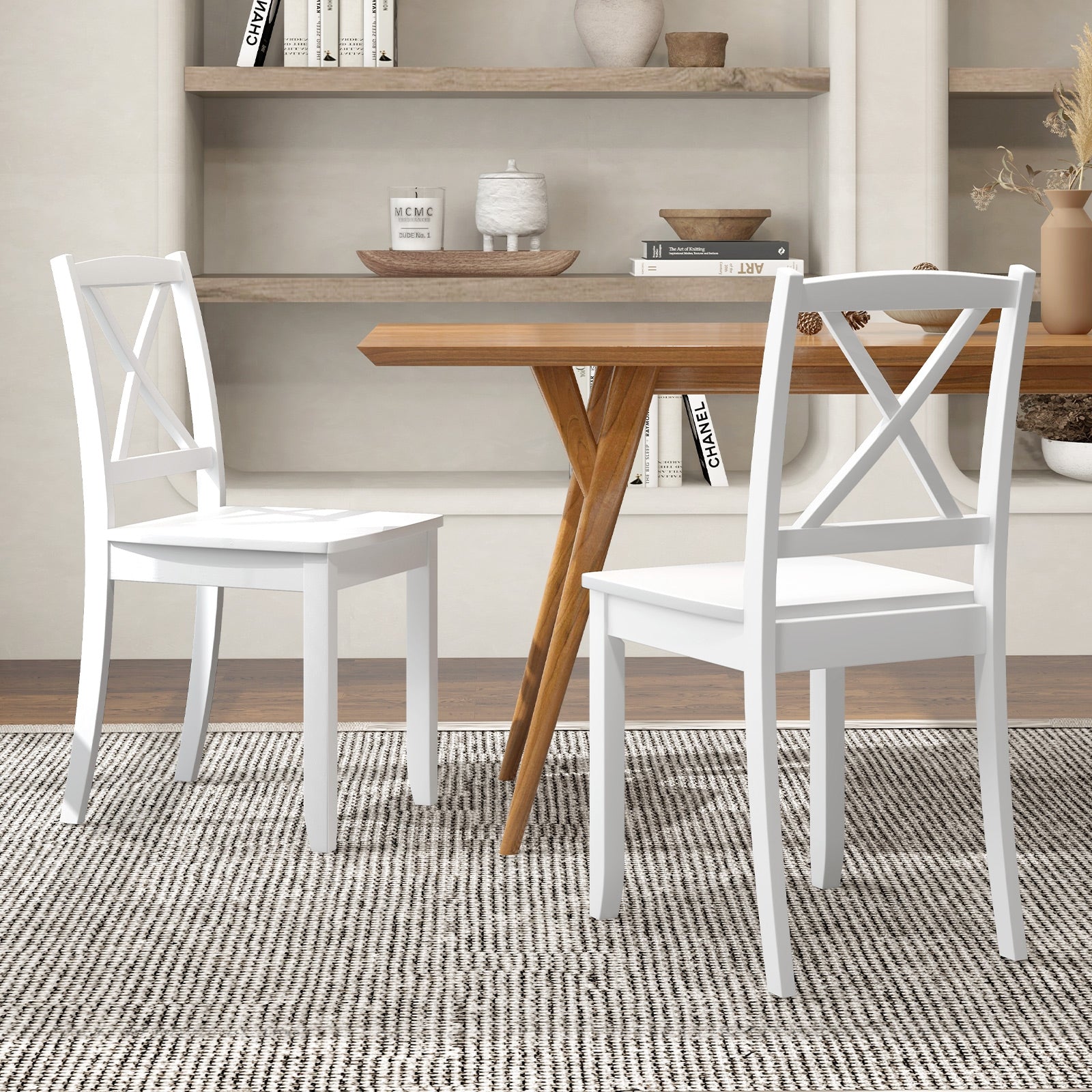 Wood Dining Chair Set of 2 with Rubber Wood Legs and Curved Backrest, White Dining Chairs at Gallery Canada
