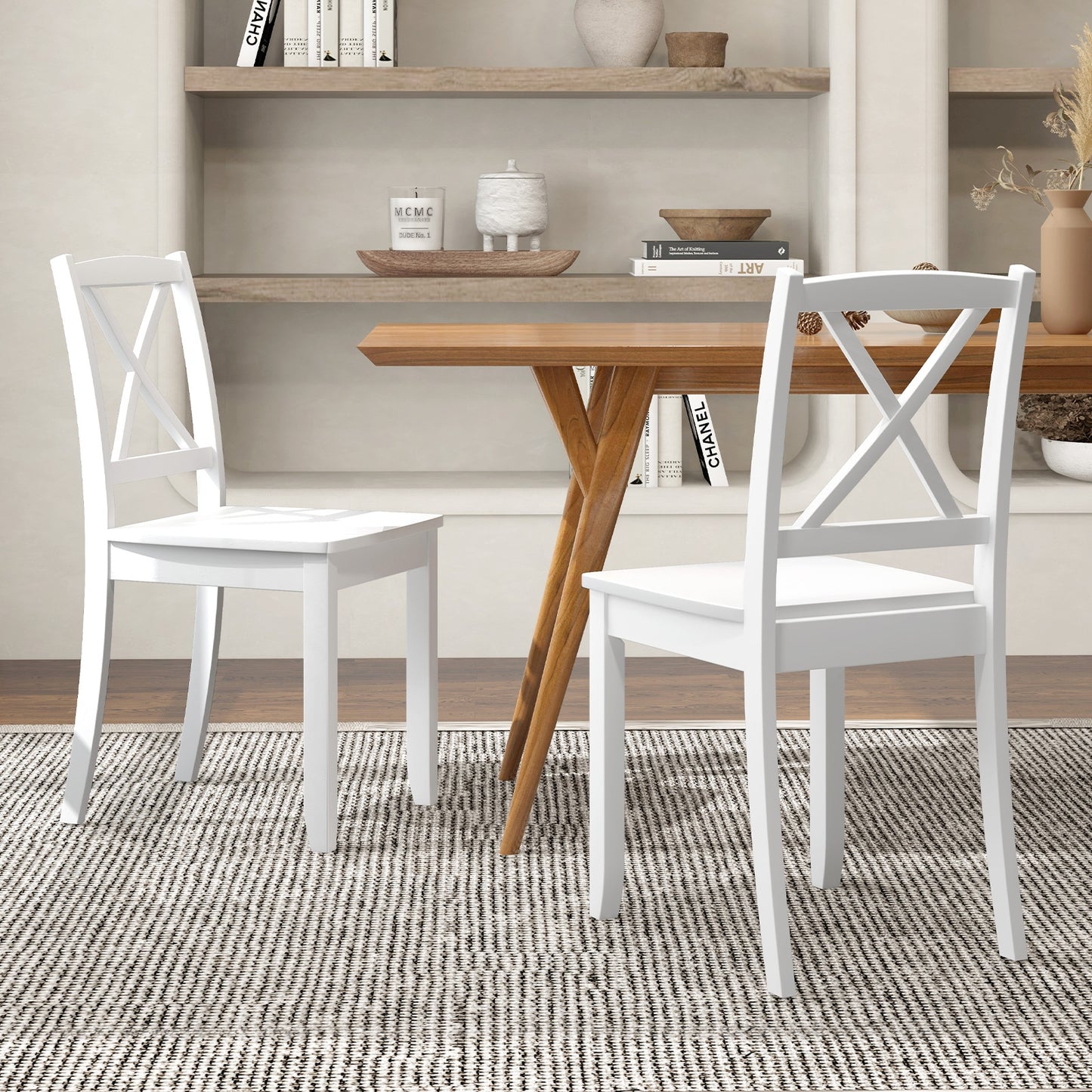 Wood Dining Chair Set of 2 with Rubber Wood Legs and Curved Backrest, White Dining Chairs at Gallery Canada
