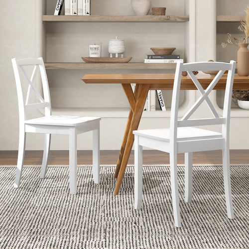 Wood Dining Chair Set of 2 with Rubber Wood Legs and Curved Backrest, White