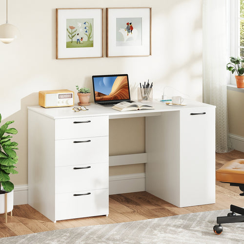 53 Inches Computer Desk with Power Outlets and 4 Storage Drawers, White