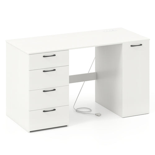 53 Inches Computer Desk with Power Outlets and 4 Storage Drawers, White