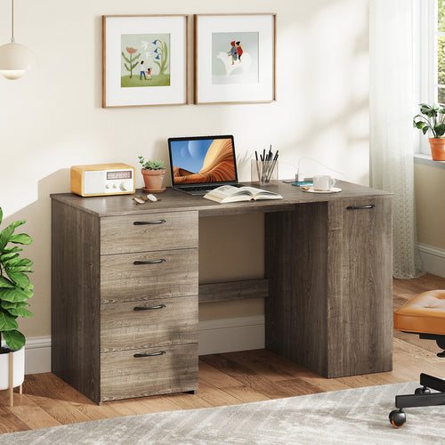 53 Inches Computer Desk with Power Outlets and 4 Storage Drawers, Gray