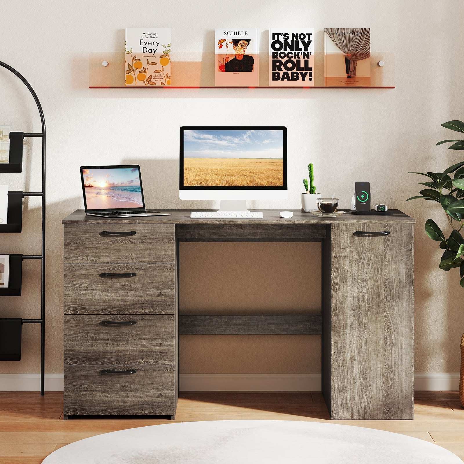 53 Inches Computer Desk with Power Outlets and 4 Storage Drawers, Gray Computer Desks at Gallery Canada