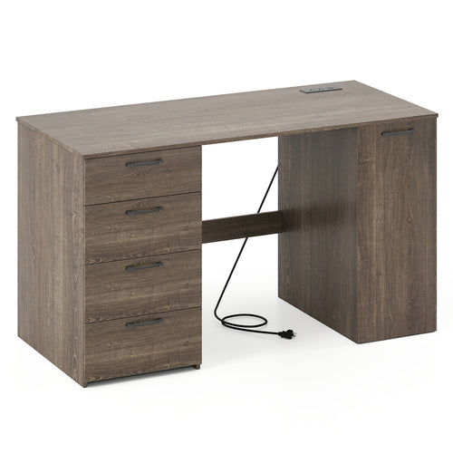 53 Inches Computer Desk with Power Outlets and 4 Storage Drawers, Gray