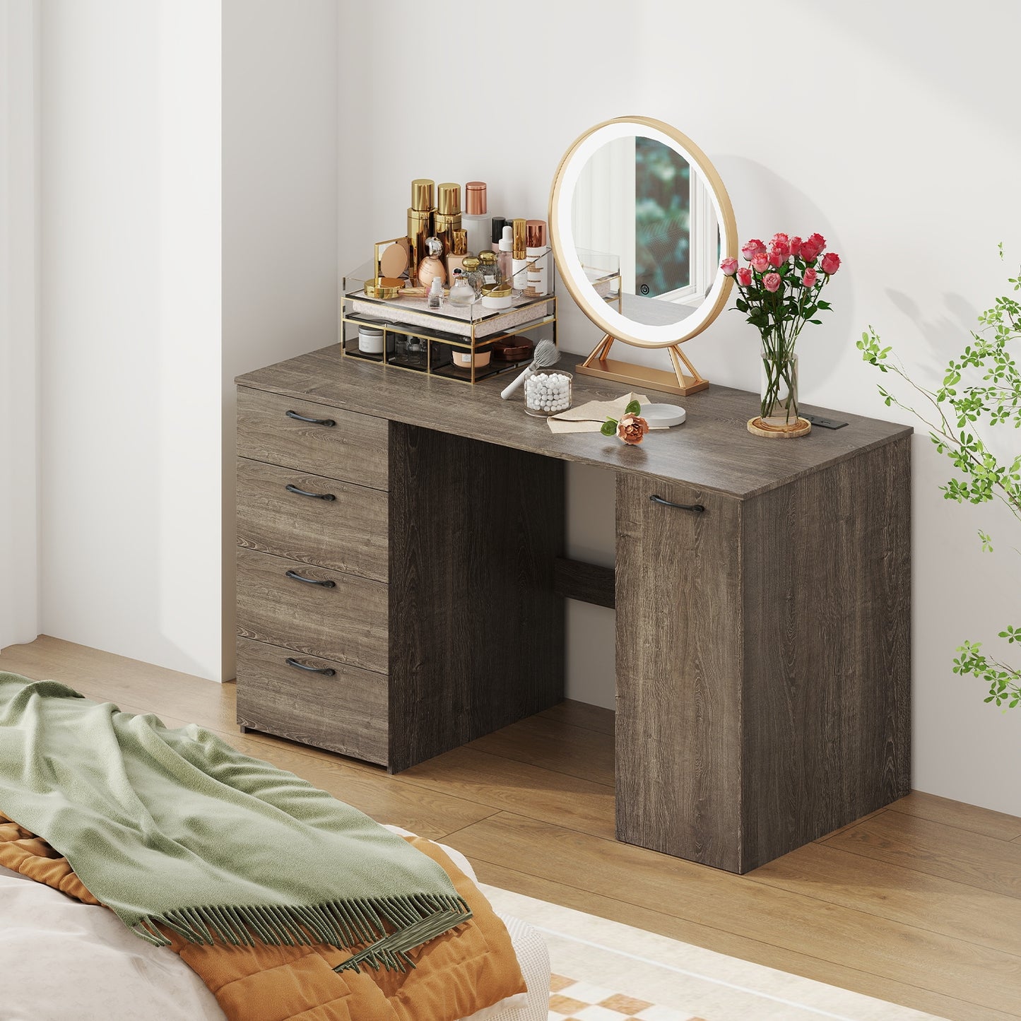 53 Inches Computer Desk with Power Outlets and 4 Storage Drawers, Gray Computer Desks at Gallery Canada