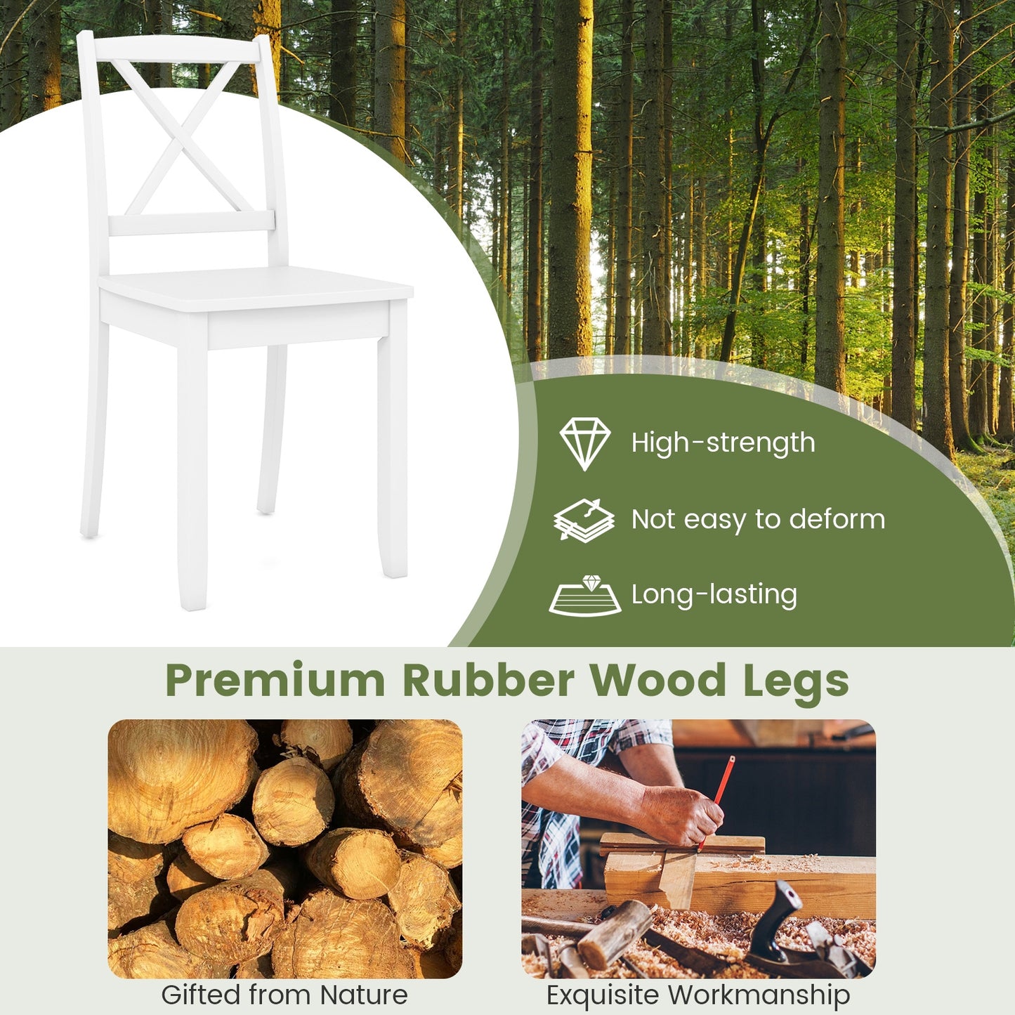 Wood Dining Chair Set of 2 with Rubber Wood Legs and Curved Backrest, White Dining Chairs at Gallery Canada