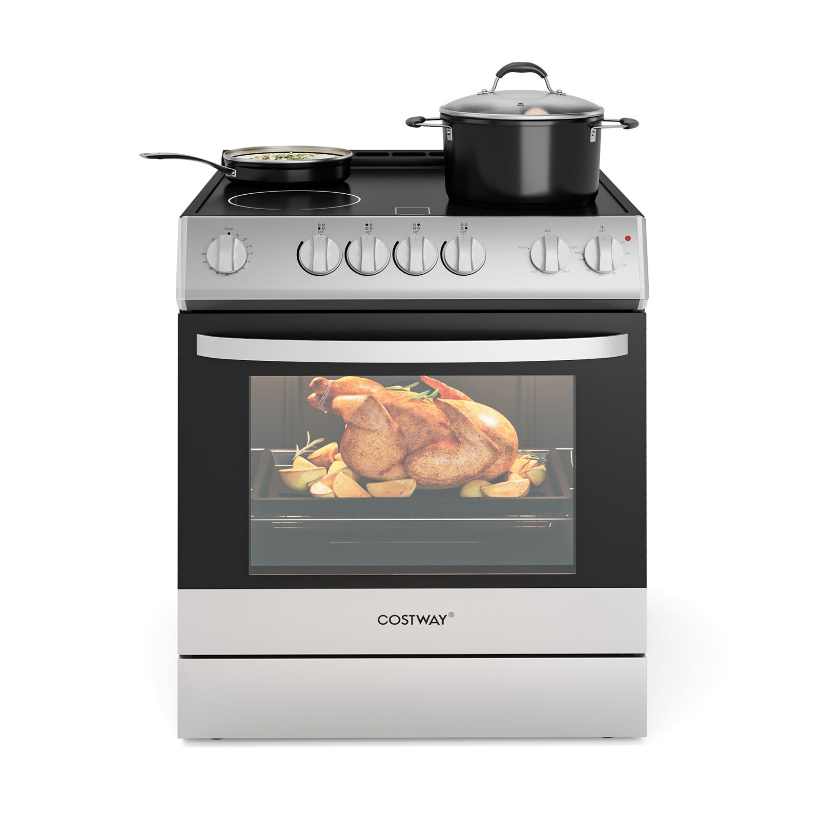 30 Inch Freestanding Slide-In Stove, 4 Burner Ceramic Cooktop, Silver Food Warmers & Burners at Gallery Canada