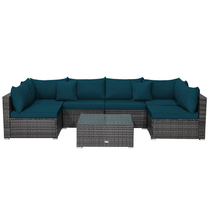 7 Pieces Patio Rattan Furniture Set with Sectional Sofa Cushioned, Green Outdoor Sectionals Green at Gallery Canada