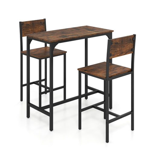 3 Piece Bar Table Set, Backrest, Footrest, Rustic Brown