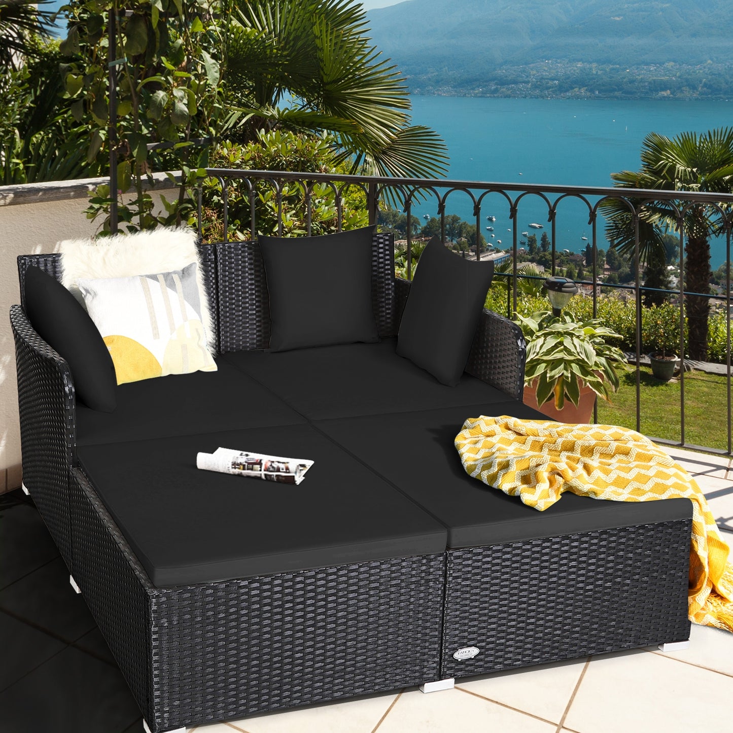 Spacious Outdoor Rattan Daybed with Upholstered Cushions and Pillows, Black Outdoor Sectionals at Gallery Canada