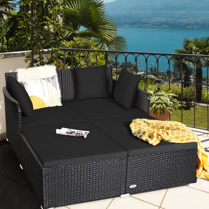 Spacious Outdoor Rattan Daybed with Upholstered Cushions and Pillows, Black Outdoor Sectionals at Gallery Canada