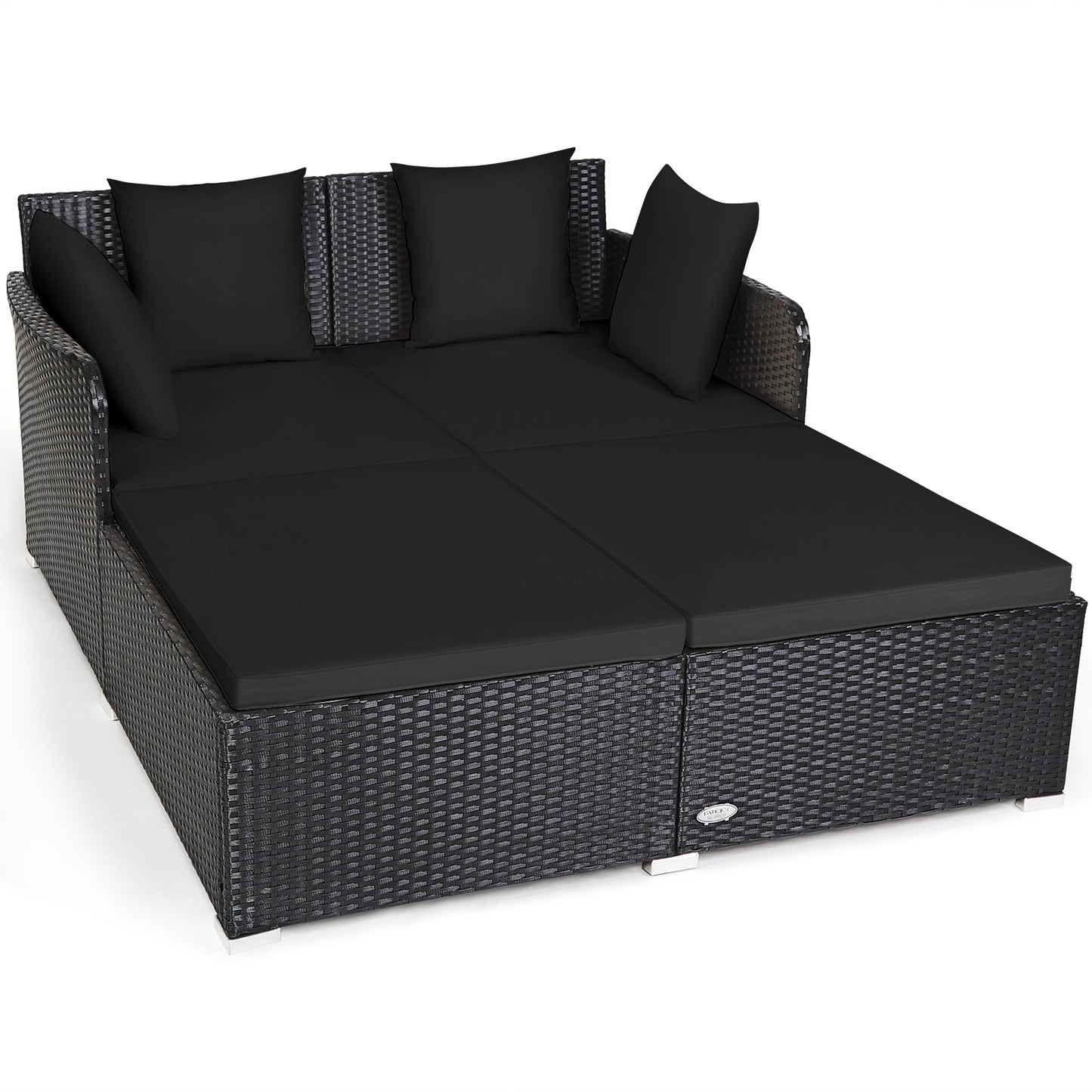 Spacious Outdoor Rattan Daybed with Upholstered Cushions and Pillows, Black Outdoor Sectionals Black at Gallery Canada