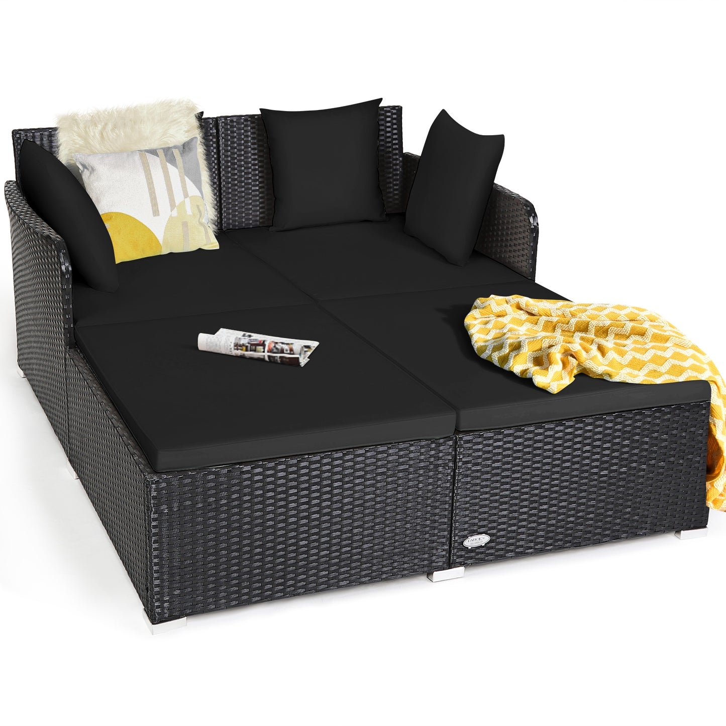 Spacious Outdoor Rattan Daybed with Upholstered Cushions and Pillows, Black Outdoor Sectionals at Gallery Canada