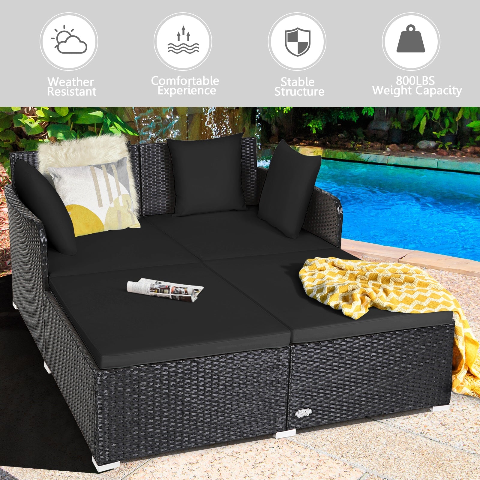 Spacious Outdoor Rattan Daybed with Upholstered Cushions and Pillows, Black Outdoor Sectionals at Gallery Canada