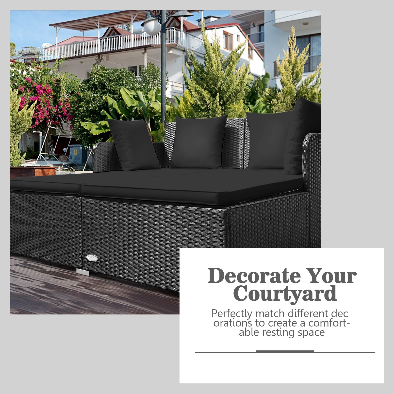 Spacious Outdoor Rattan Daybed with Upholstered Cushions and Pillows, Black Outdoor Sectionals at Gallery Canada