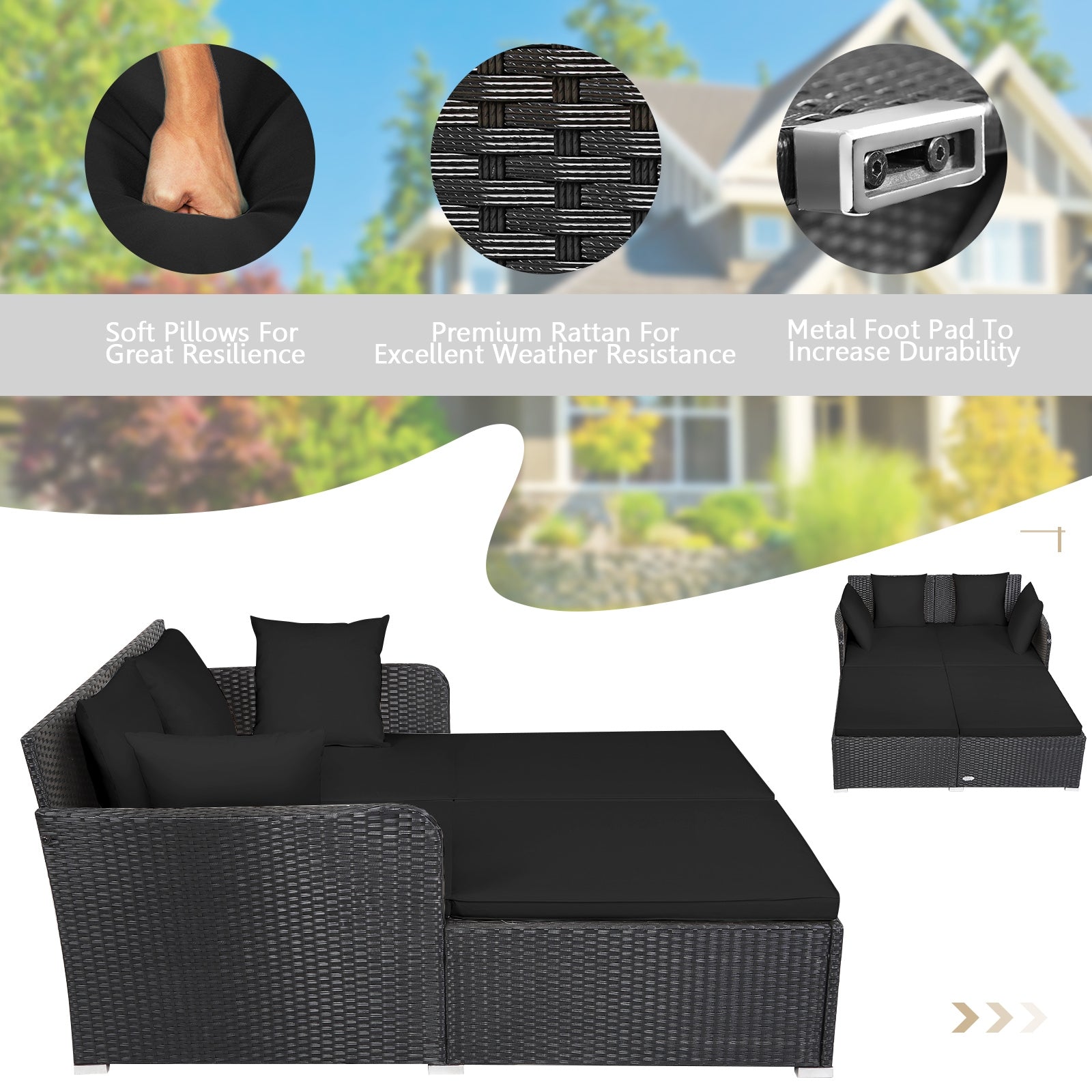 Spacious Outdoor Rattan Daybed with Upholstered Cushions and Pillows, Black Outdoor Sectionals at Gallery Canada