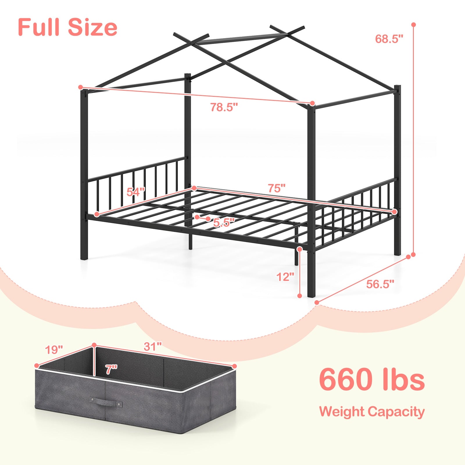 Full Size Metal House Bed with 2 Fabric Drawers for Kids, Black Toddler Beds at Gallery Canada