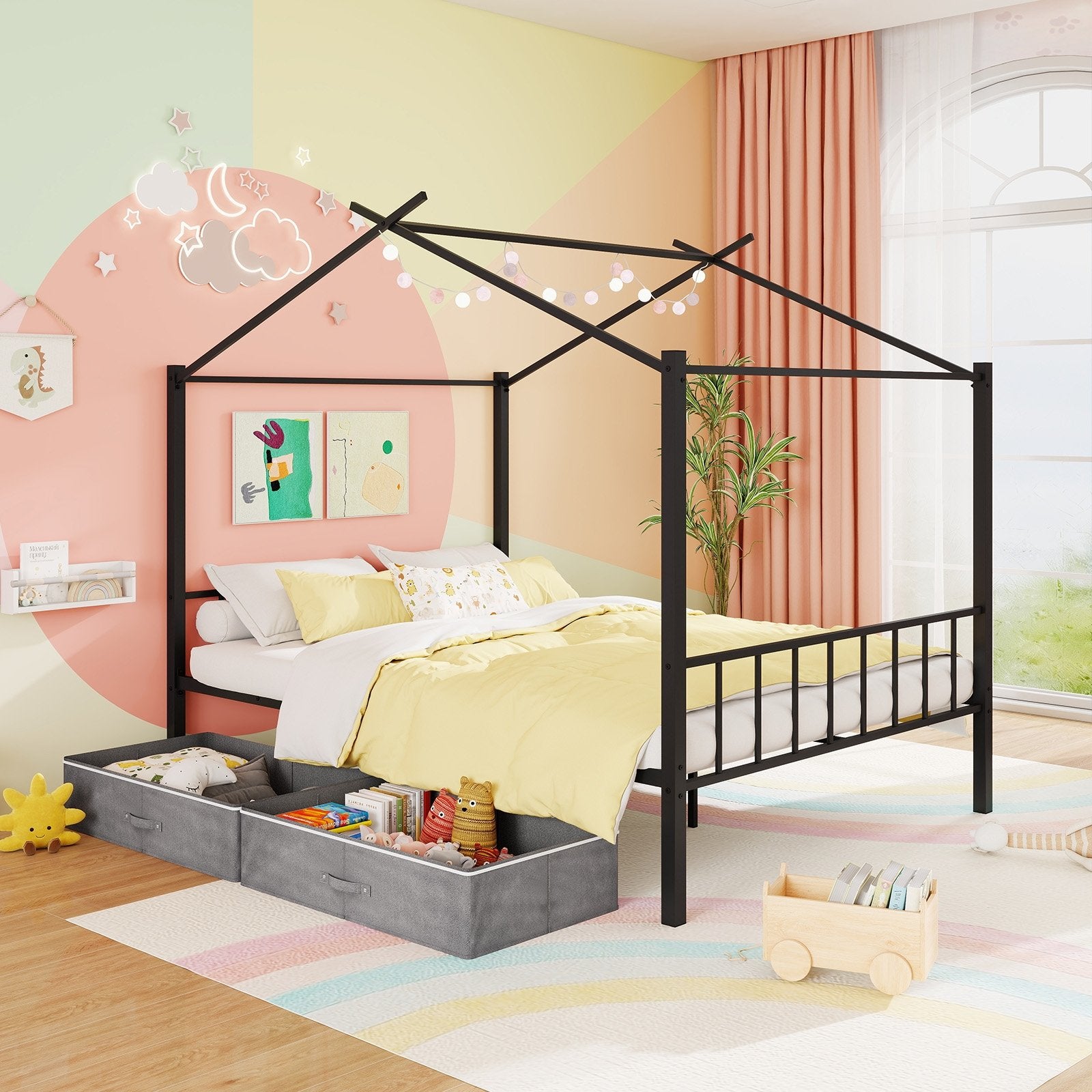 Full Size Metal House Bed with 2 Fabric Drawers for Kids, Black Toddler Beds at Gallery Canada