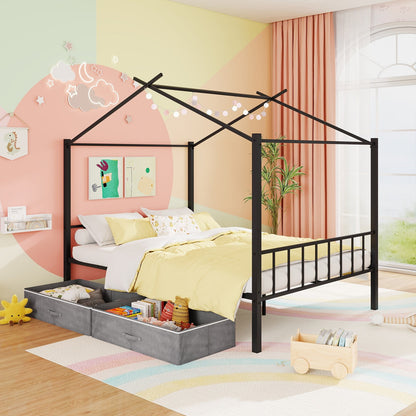 Full Size Metal House Bed with 2 Fabric Drawers for Kids, Black Toddler Beds at Gallery Canada