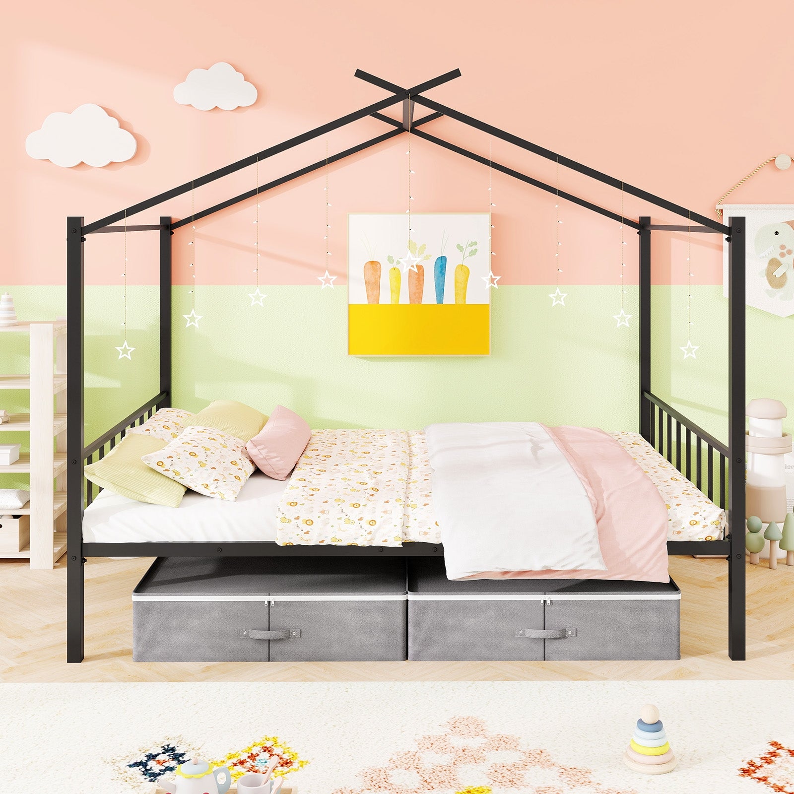 Full Size Metal House Bed with 2 Fabric Drawers for Kids, Black Toddler Beds at Gallery Canada