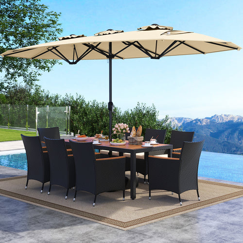 10 Piece Outdoor Dining Set with 15 Feet Double-Sided Twin Umbrella, Beige