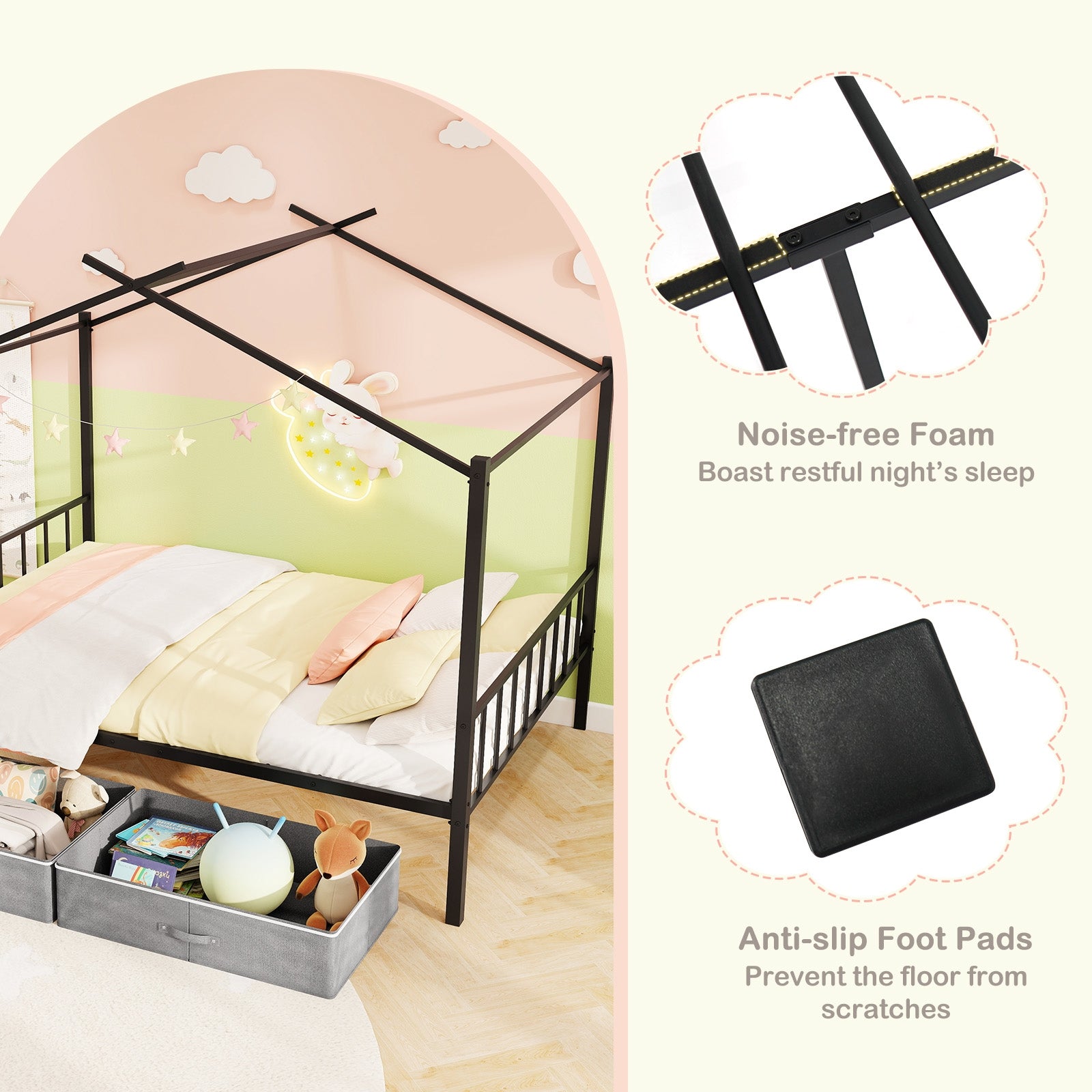 Full Size Metal House Bed with 2 Fabric Drawers for Kids, Black Toddler Beds at Gallery Canada