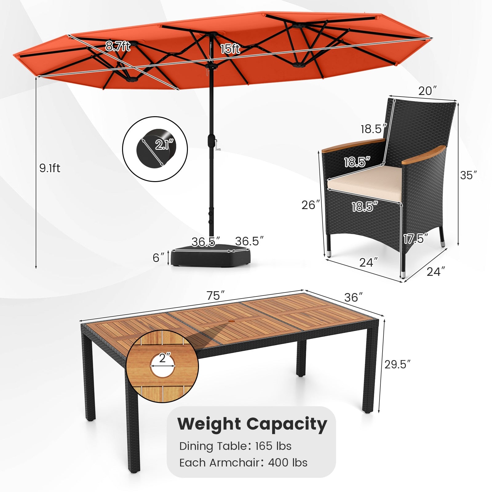 10 Piece Outdoor Dining Set with 15 Feet Double-Sided Twin Umbrella, Orange Patio Dining Sets at Gallery Canada