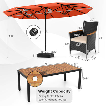 10 Piece Outdoor Dining Set with 15 Feet Double-Sided Twin Umbrella, Orange Patio Dining Sets at Gallery Canada