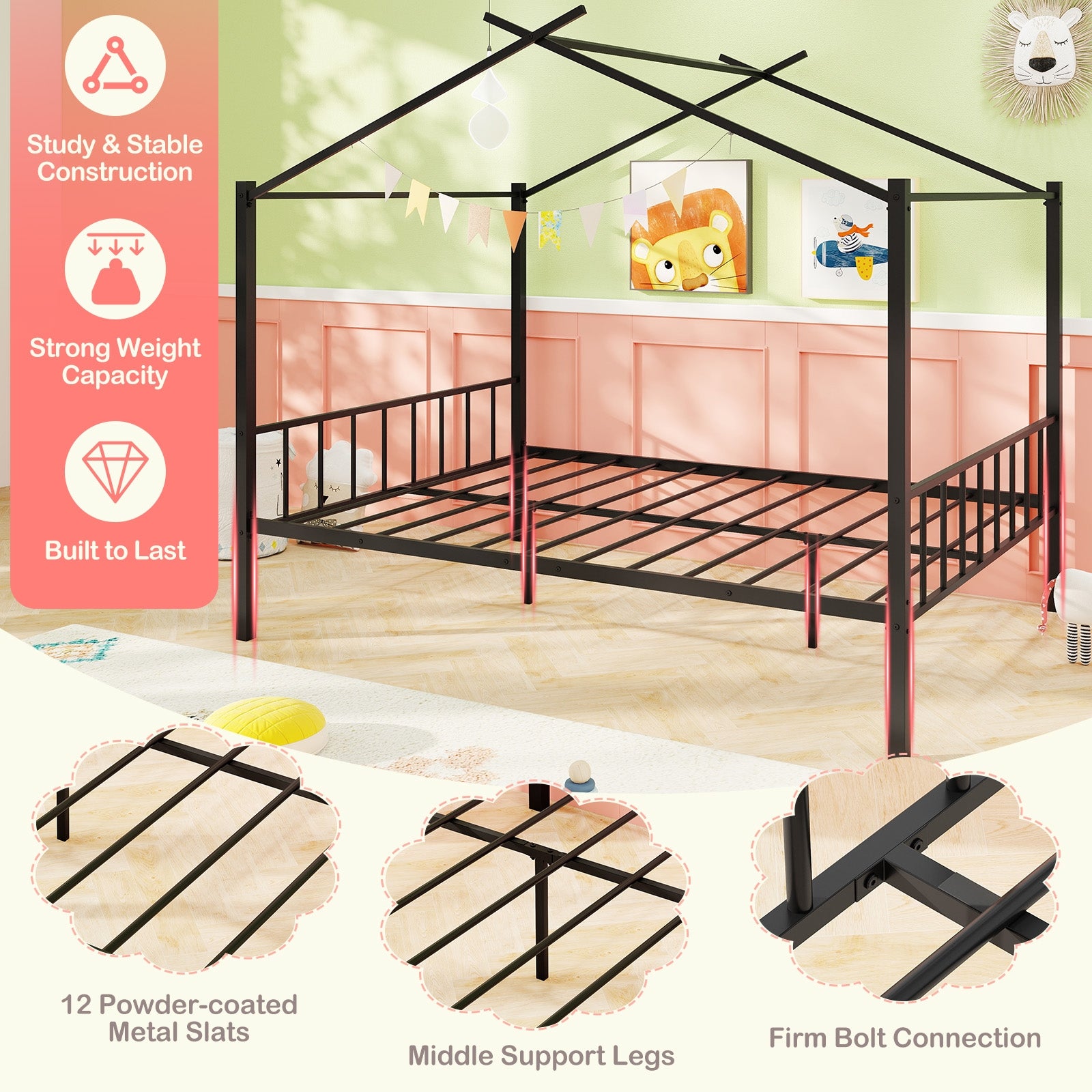 Full Size Metal House Bed with 2 Fabric Drawers for Kids, Black Toddler Beds at Gallery Canada