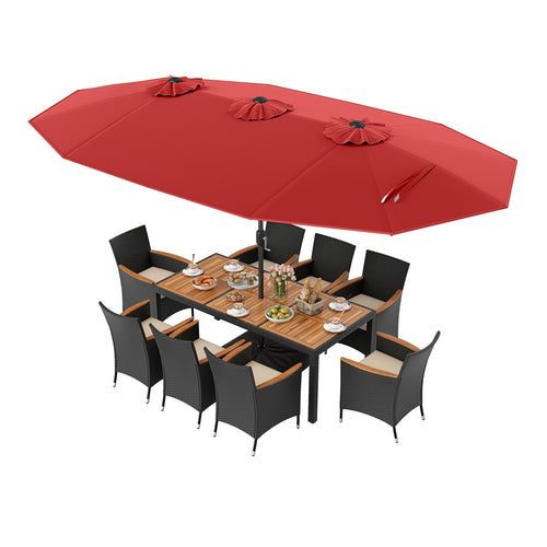 10 Piece Outdoor Dining Set with 15 Feet Double-Sided Twin Umbrella, Red