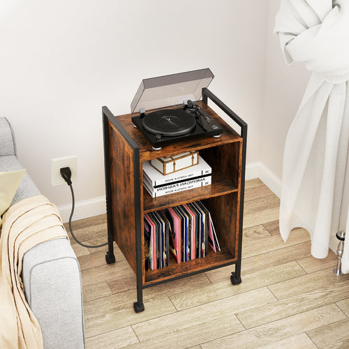 Mobile Record Player Stand with Power Outlet, Rustic Brown