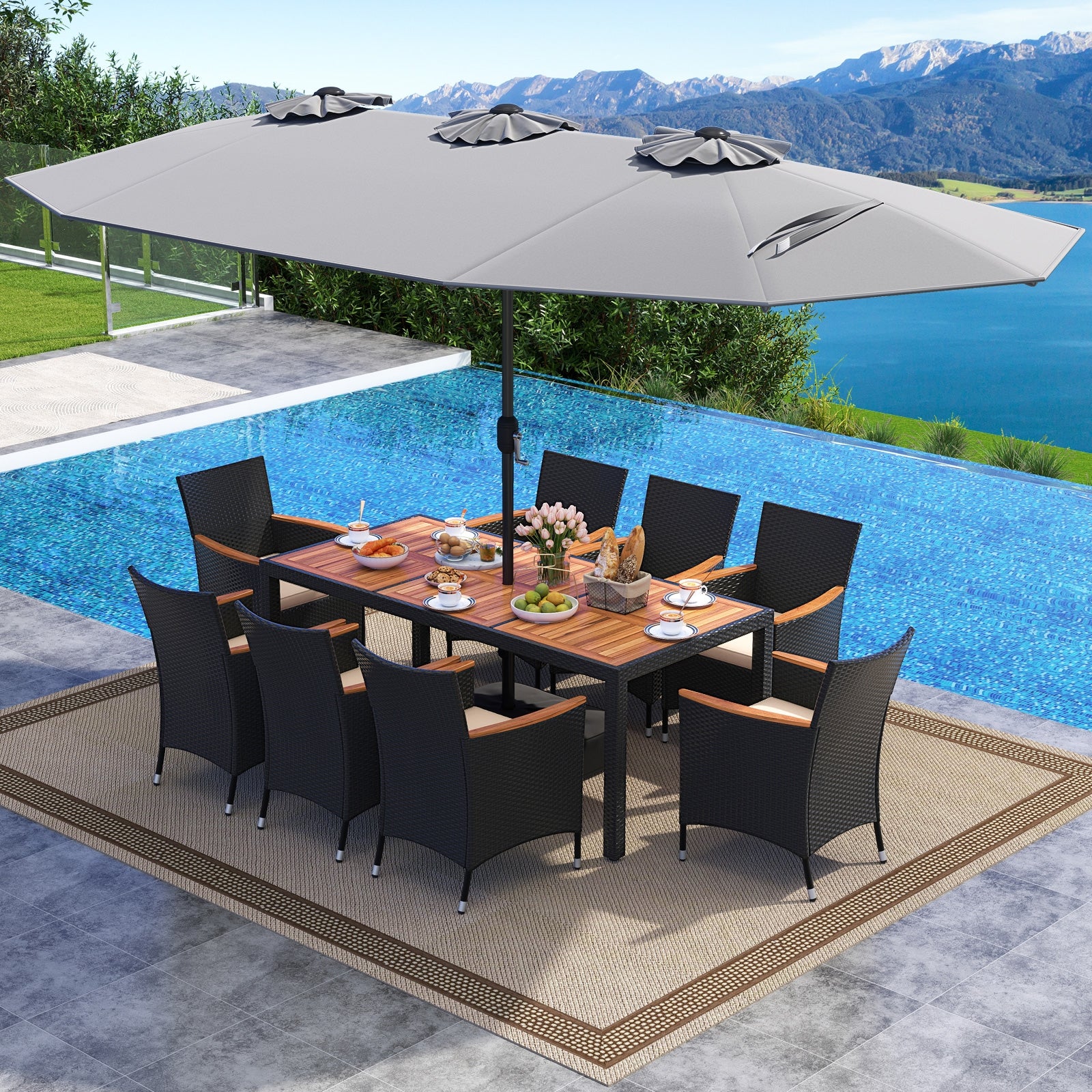 10 Piece Outdoor Dining Set with 15 Feet Double-Sided Twin Umbrella, Gray Patio Dining Sets at Gallery Canada
