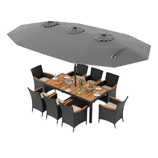 10 Piece Outdoor Dining Set with 15 Feet Double-Sided Twin Umbrella, Gray Patio Dining Sets Gray at Gallery Canada